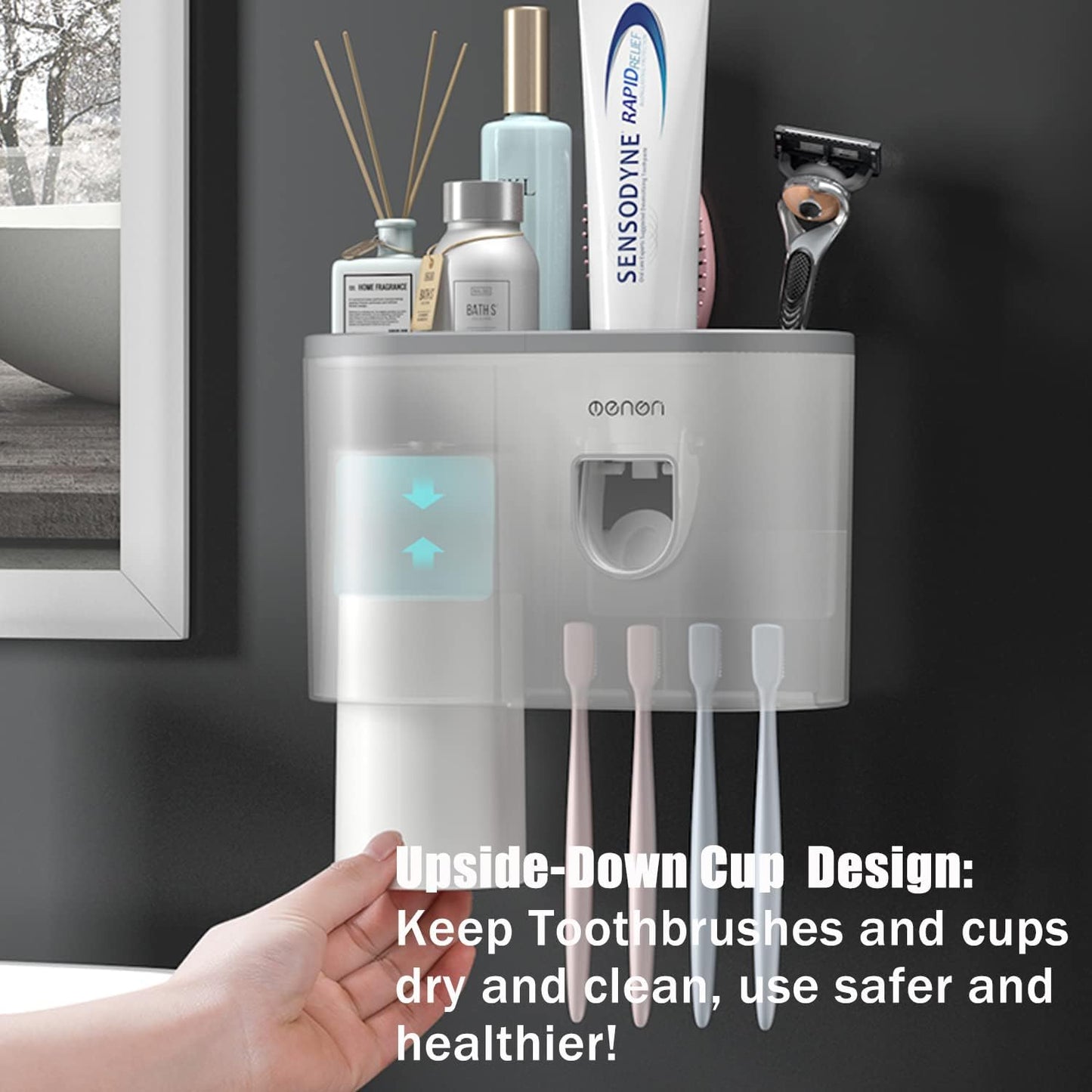 Toothbrush Holder Wall Mounted For Bathroom, Automatic Toothpaste Dispenser Kit With Magnetic Cups Kids & Family Set,Storage Rack (1 Cup, Grey) - Acrylonitrile_Butadiene_Styrene
