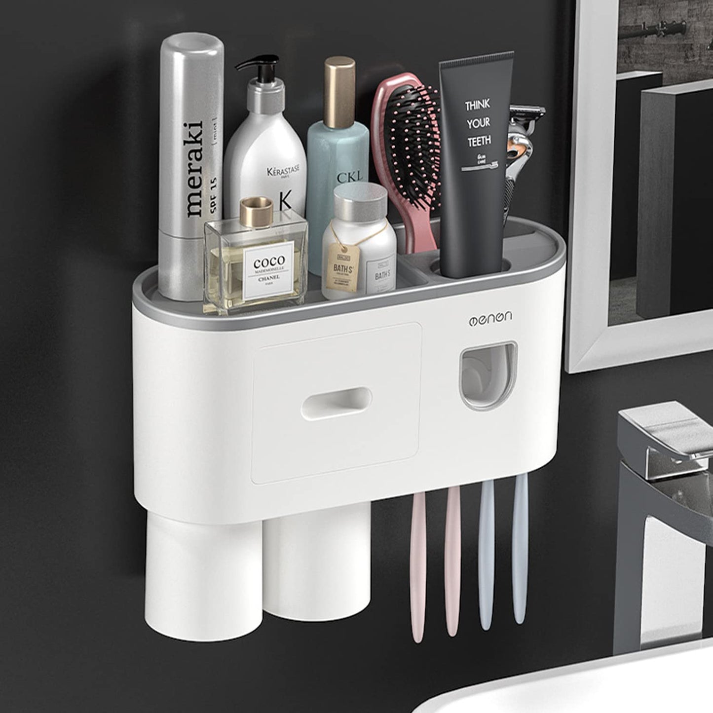 Toothbrush Holder Wall Mounted For Bathroom, Automatic Toothpaste Dispenser Kit With Magnetic Cups Kids & Family Set,Storage Rack (1 Cup, Grey) - Acrylonitrile_Butadiene_Styrene