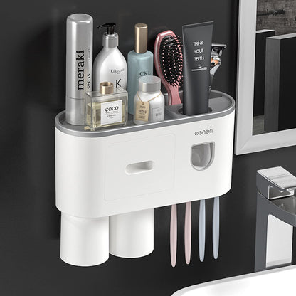 Toothbrush Holder Wall Mounted For Bathroom, Automatic Toothpaste Dispenser Kit With Magnetic Cups Kids & Family Set,Storage Rack (1 Cup, Grey) - Acrylonitrile_Butadiene_Styrene