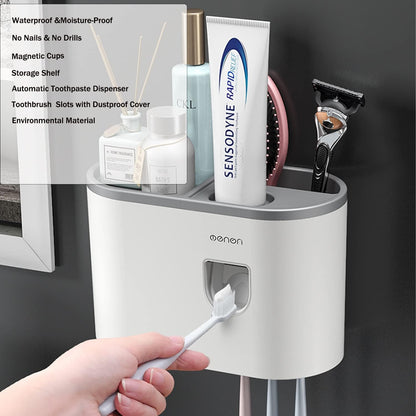 Toothbrush Holder Wall Mounted For Bathroom, Automatic Toothpaste Dispenser Kit With Magnetic Cups Kids & Family Set,Storage Rack (1 Cup, Grey) - Acrylonitrile_Butadiene_Styrene