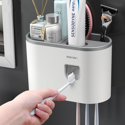 Toothbrush Holder Wall Mounted For Bathroom, Automatic Toothpaste Dispenser Kit With Magnetic Cups Kids & Family Set,Storage Rack (1 Cup, Grey) - Acrylonitrile_Butadiene_Styrene