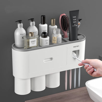 Toothbrush Holder Wall Mounted For Bathroom, Automatic Toothpaste Dispenser Kit With Magnetic Cups Kids & Family Set,Storage Rack (1 Cup, Grey) - Acrylonitrile_Butadiene_Styrene