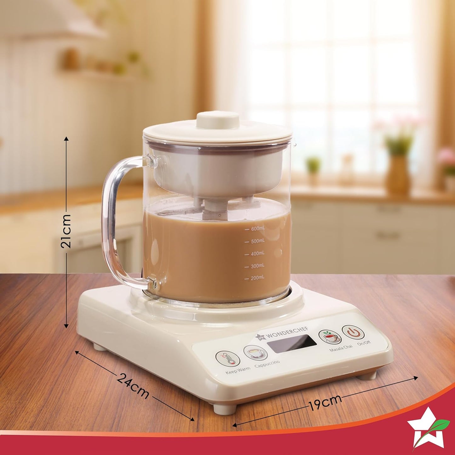 Wonderchef Chai Magic, Fully Automatic Tea & Cappuccino Maker, Make Masala Chai/Cutting Chai/Kahwa/, No Spills, No Overcooking, 4 Modes, Boil Milk/Water/Coffee, 500ML Glass Jar, 2-Yr Warranty
