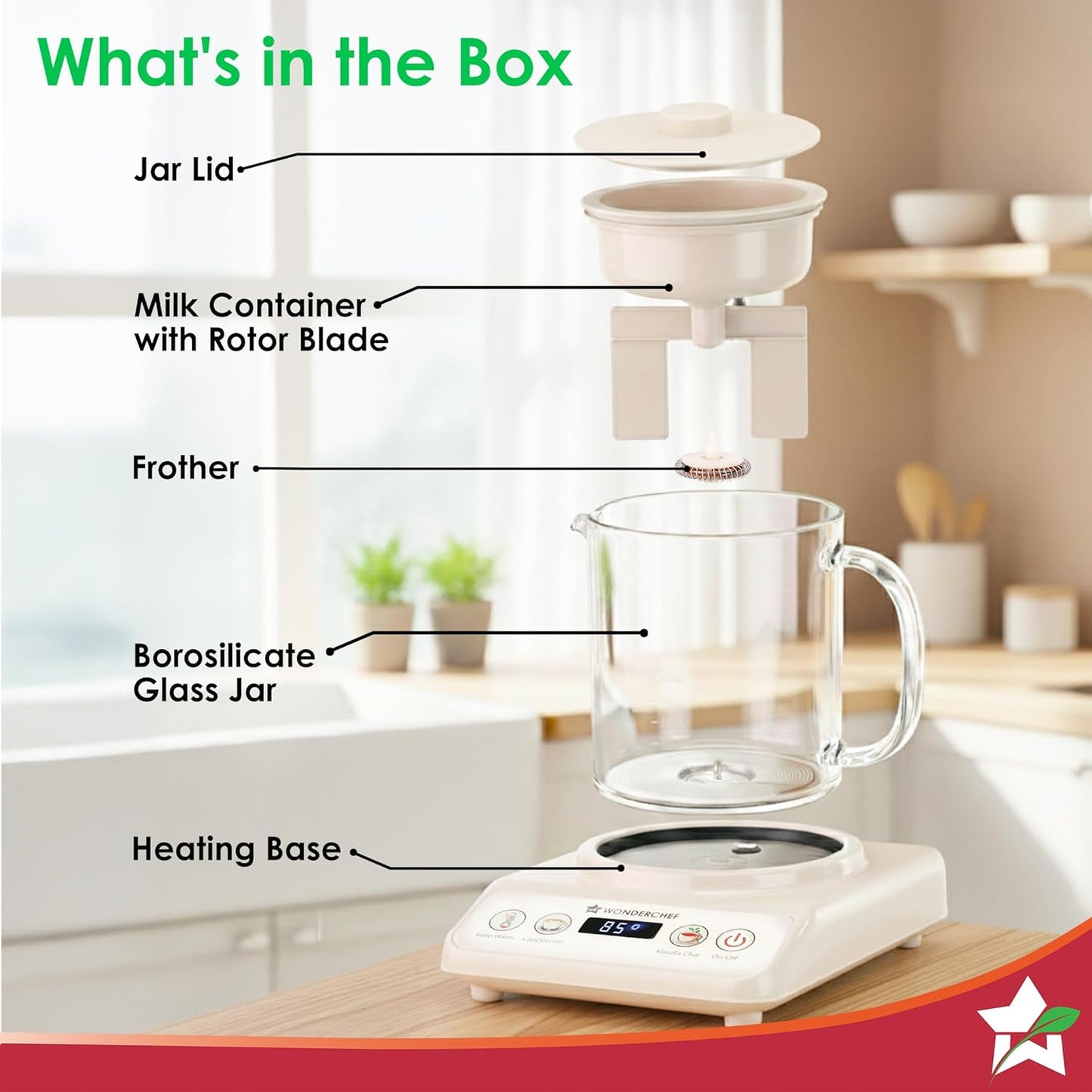Wonderchef Chai Magic, Fully Automatic Tea & Cappuccino Maker, Make Masala Chai/Cutting Chai/Kahwa/, No Spills, No Overcooking, 4 Modes, Boil Milk/Water/Coffee, 500ML Glass Jar, 2-Yr Warranty