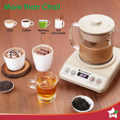 Wonderchef Chai Magic, Fully Automatic Tea & Cappuccino Maker, Make Masala Chai/Cutting Chai/Kahwa/, No Spills, No Overcooking, 4 Modes, Boil Milk/Water/Coffee, 500ML Glass Jar, 2-Yr Warranty
